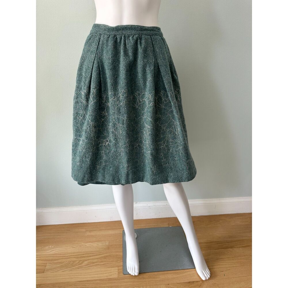 Vintage Green Wool Blend Skirt Pleated Midi Metallic Floral Embroidered size 10